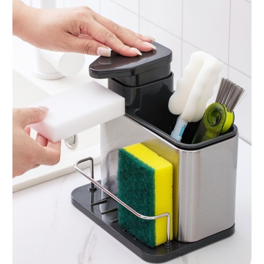 Dispenser de detergente inox com porta-esponja